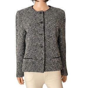 Talbots black white tweed collarless blazer